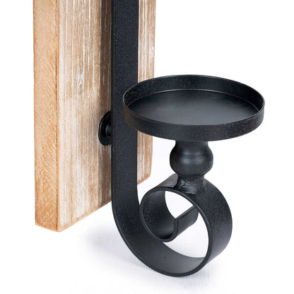 Wall Sconce Candle Holder (Set of 2) Black Wall-Mount Metal and Wooden Candle Holders for Living Room, Bathroom, Dining Room