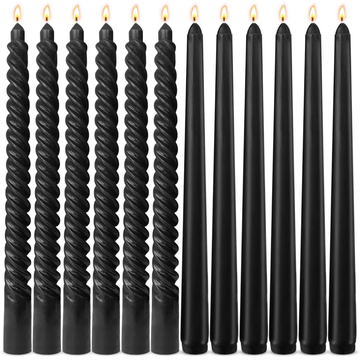 6 Pack Black Taper Candles and 6 Pack Spiral Candles Set – 10 Inch Elegant Dripless Candlesticks for Halloween Decor Parties Meditation and Home Ambiance