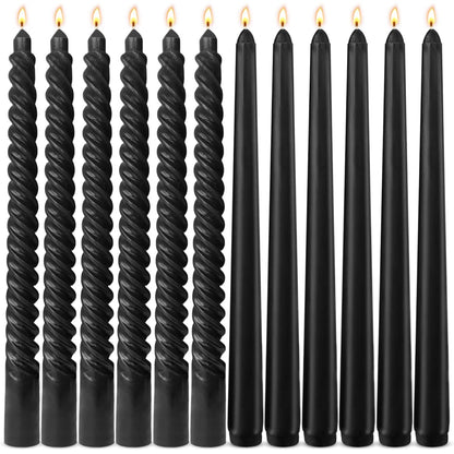 6 Pack Black Taper Candles and 6 Pack Spiral Candles Set – 10 Inch Elegant Dripless Candlesticks for Halloween Decor Parties Meditation and Home Ambiance