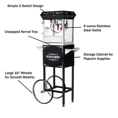 Popcorn Machine with Cart - Foundation 6oz Popper with Stainless-Steel Kettle, Heated Warming Tray, and Old Maids Drawer by Great Northern Popcorn (Black)
