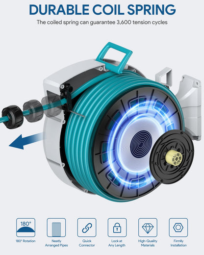 ENEACRO Retractable Garden Hose Reel with Wall Mount 1/2"×100ft with 10 Pattern Hose Nozzle, Brass Connector, Auto Rewind/Any Length Lock/ 180° Swivel Bracket, Ideal for Garden Watering