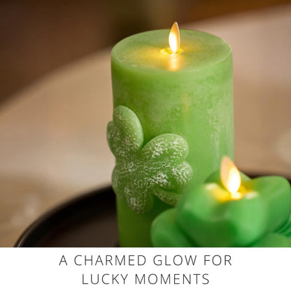 Luminara Lucky Green Shamrock Pillar Candle - Flickering Real-Flame Technology - Flameless LED - Remote Ready - St. Patrick's Day - 3.4" x 6.5"