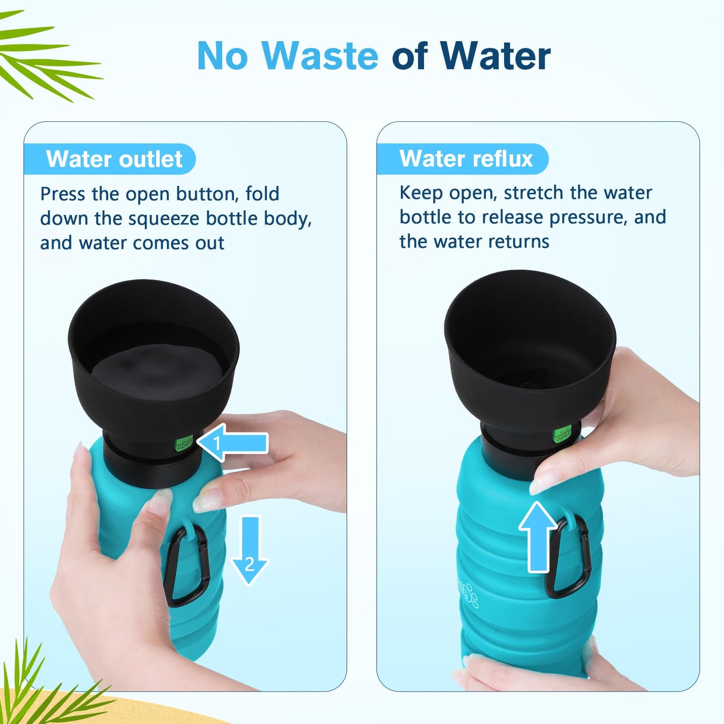 Pecute Dog Water Bottle Portable & Collapsible,17oz-29oz Water Dispenser with Folding Bowl, 5 Levels Capacity in 1,Carabiner Clip,100% Food Grade Silicone,Outdoor Walking,Hiking,Travel,Light Blue