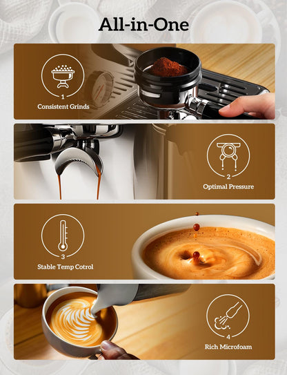 COUPLUX Espresso Machine with Grinder, 205℉ MAX Temp Control Expresso Coffee Machines 58MM Professional 15 Bar Espresso Maker with Milk Frother Steam Wand Perfect Americano Cappuccino & Latte for Home