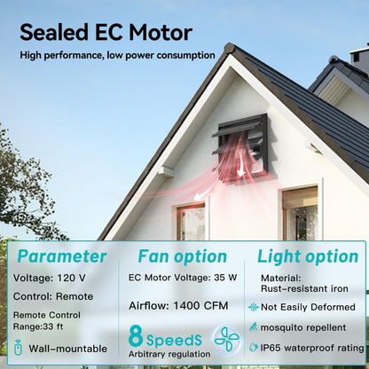 addlon 14 Inch Shutter Exhaust Fan Wall Mounted with 35W EC Motors and Remote, 1400CFM, Timer, 8 Speeds, Low Noise, Easy to Install, Plug in Ventilation Fan for Garages,Greenhouse, Attic, Chicken Coop