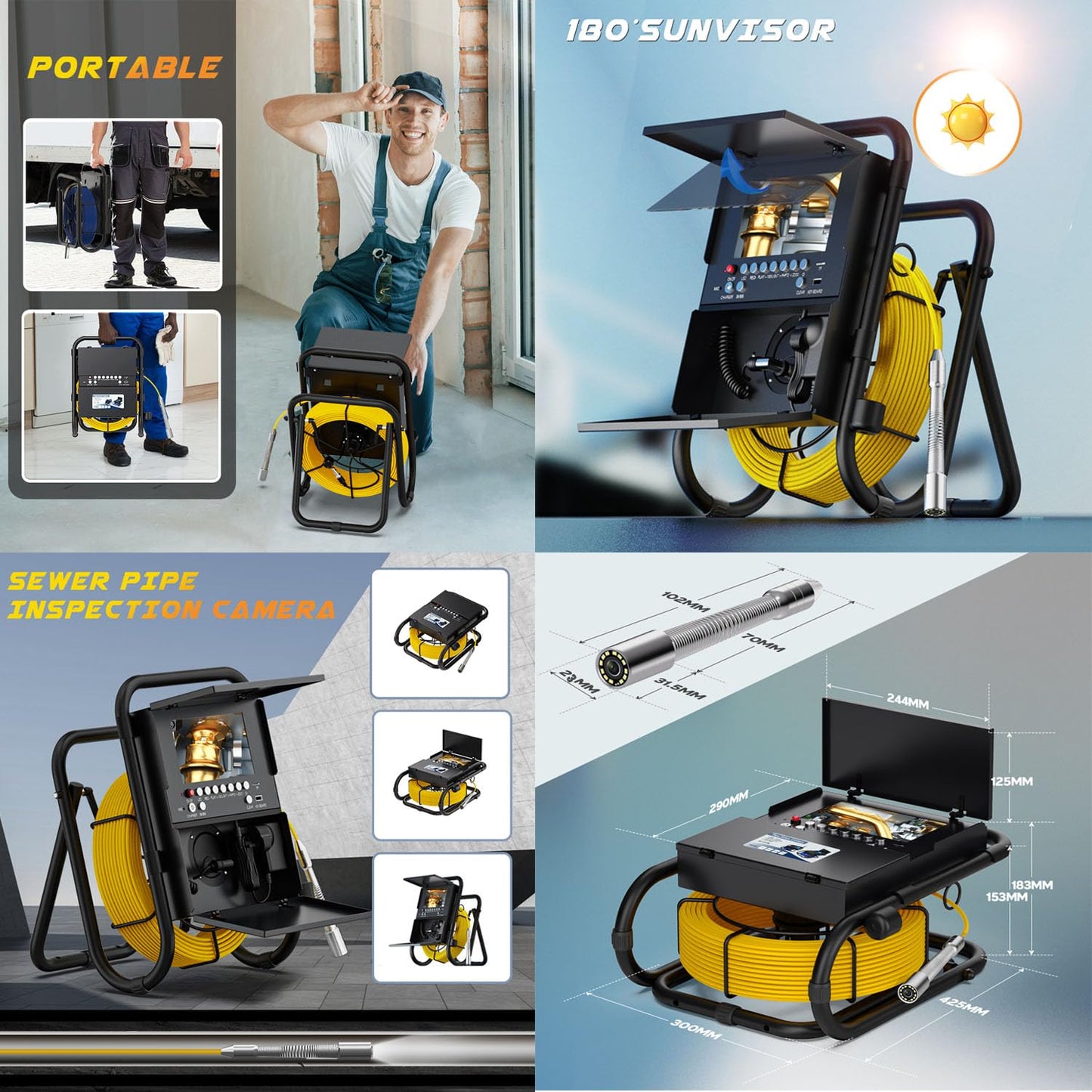 Sewer Camera 100ft Sewer Inspection Camera with Distance Counter and Keyboard 7" Screen IP68 Waterproof Industrial Endoscope Snake Camera 17MM Drain Pipe Inspection Camera
