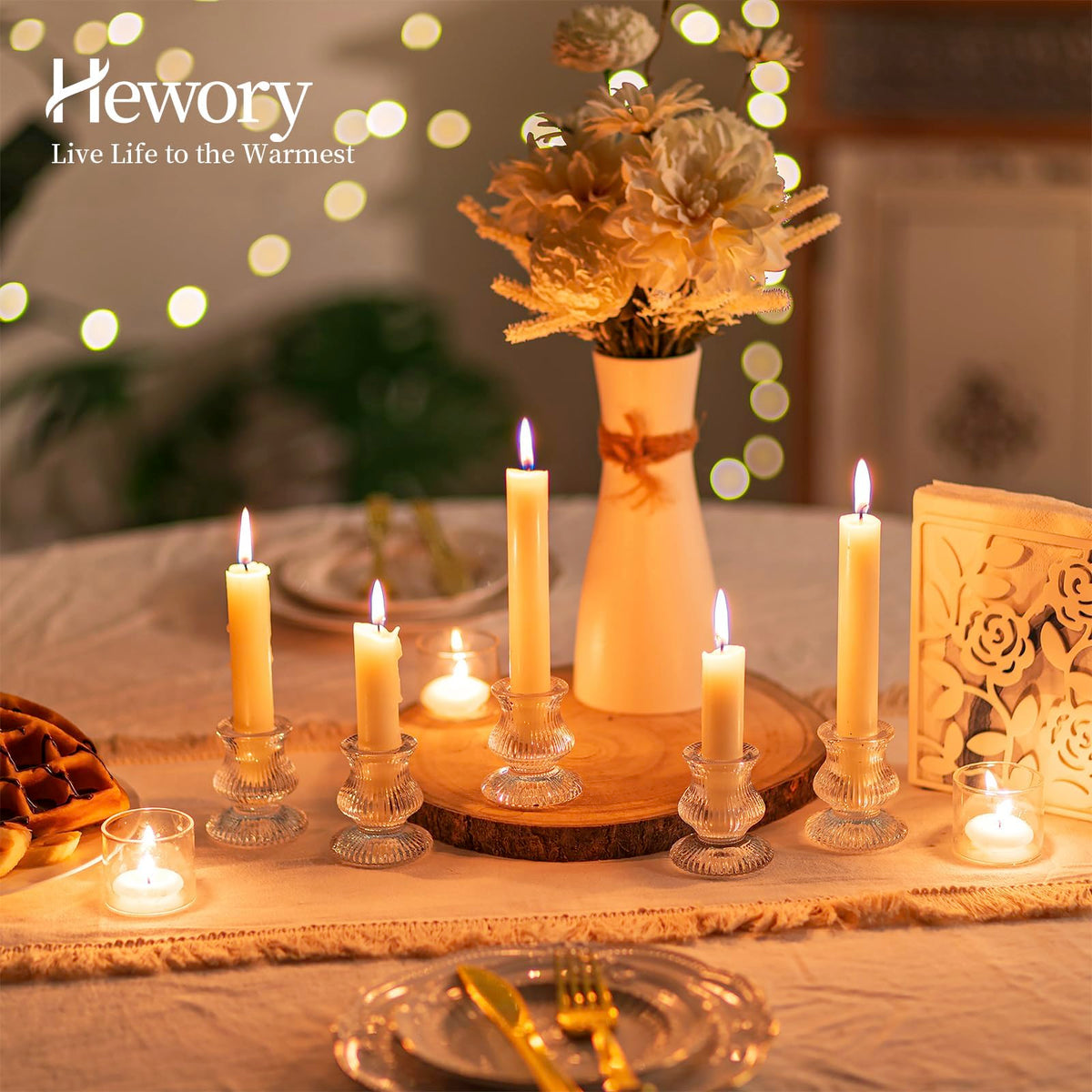 Hewory Glass Taper Candle Holders: 10PCS Clear Candle Holder Candlestick Holders, Crystal Ribbed Candle Sticks Holder Decor for Table Centerpiece Wedding Advent Wreath Christmas Thanksgiving Dinner