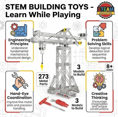 Metal Building Toys 273pcs 3 in 1 Tower Crane &amp Frame Crane &amp Windmill Metal Model SetErector Sets for Boys Age 8-12DIY Building Stem Projects Toys for KidsBirthday Gifts for Model Crane F