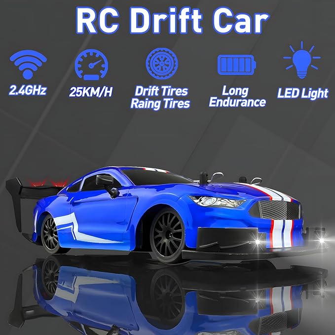 1:20 RC Drift Car for Kids4WD 2.4GHz 30KM/H High Speed Remote Control Car Racing Sport Toy Car with LED LightsDrifting Tires＆2 Batteries (Blue)