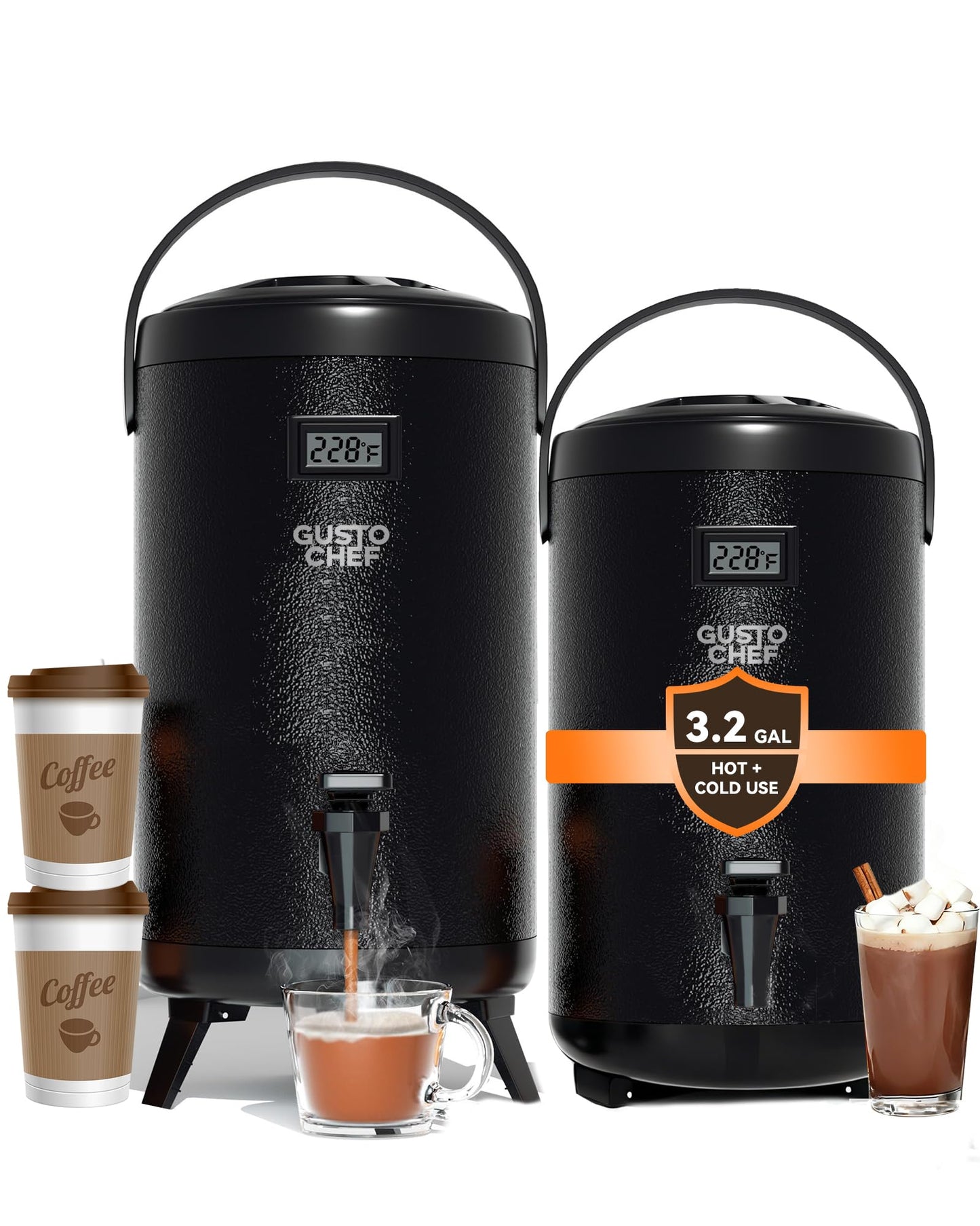 GUSTOCHEF Insulated Beverage Dispenser 3 Gallon,Hot&Cold Drink Dispenser with Spigot,LCD Thermometer,Stainless Steel Triple-Layer Insulation,for Tea Coffee Milk Juice,Party Buffet(Black, 2 Pack)
