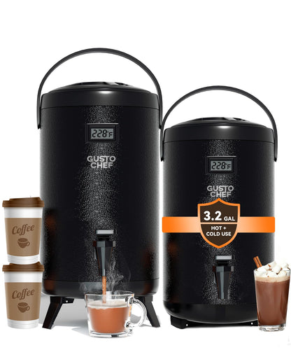 GUSTOCHEF Insulated Beverage Dispenser 3 Gallon,Hot&Cold Drink Dispenser with Spigot,LCD Thermometer,Stainless Steel Triple-Layer Insulation,for Tea Coffee Milk Juice,Party Buffet(Black, 2 Pack)