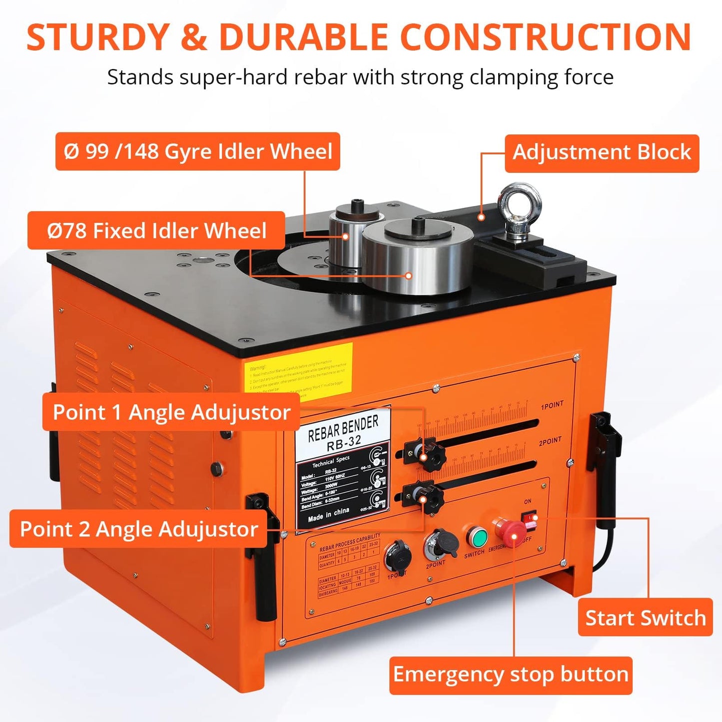 3000W Electric Rebar Bender, High-Speed 6-7 Seconds Bending Machine, Accurate 0-180° Portable Rebar Bender Tool for 1/4 to 1.3 Inch Steel Bar with Foot Pedal