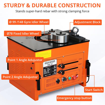 3000W Electric Rebar Bender, High-Speed 6-7 Seconds Bending Machine, Accurate 0-180° Portable Rebar Bender Tool for 1/4 to 1.3 Inch Steel Bar with Foot Pedal