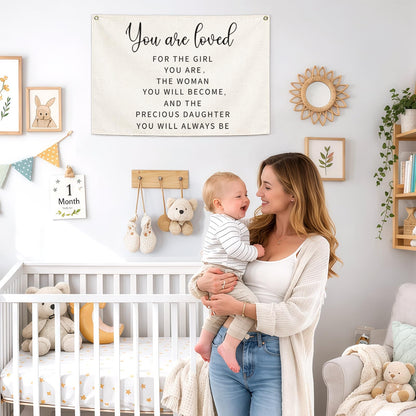 Canvas Banner Wall Decor Hanging Rectangular Poster Flag Sign,Nursery Playroom Bedroom Babyroom Decor,Baby Shower Christmas Gift for Kid Girl-You are Loved for The Girl You Are-28.5"Lx 20"W