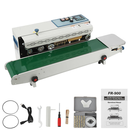 MilleLoom Continuous Band Sealer Machine - FR-900K Horizontal Automatic 110V with Digital Temperature Control for 0.02-0.08 mm Commercial PP/Aluminum Foil/PVC Plastic Bags