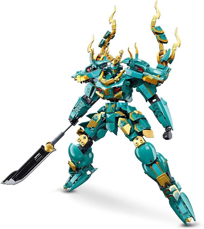 HIGH GODO Mech Robot Building Blocks Set for Adults Cool Green Dragon Warrior Model Kit with Long Spear Toy Playset 704 Pieces Collectible Mythical Ninja Gifts for Teens Ages 14+