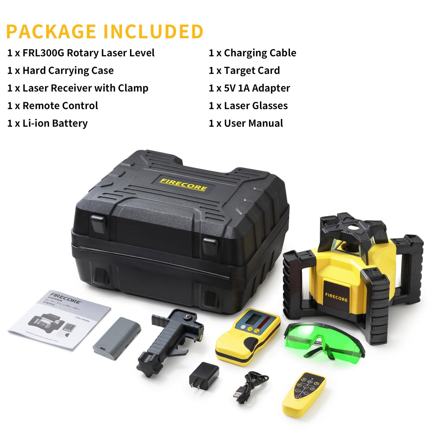 Firecore Self-Leveling Rotary Laser Level Kit, Horizontal/Vertical with Plumb Spot, 1969-Foot Range, Green Beam 360 Degree Construction Laser, Rechargeable Battery and Remote Control Included -FRL300G