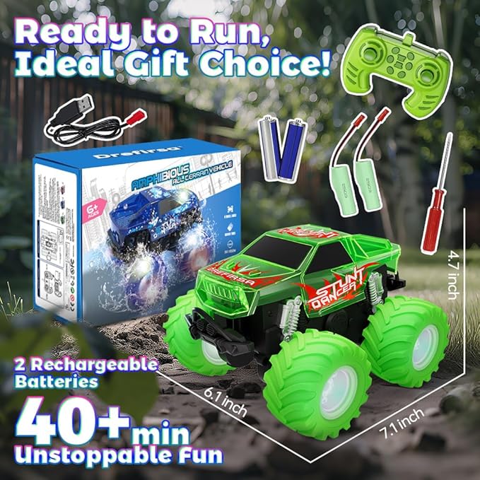 Amphibious Monster Truck Toy Waterproof Remote Control Car 4WD Off-Road RC Truck with Colorful Light RC Stunt Car Toy for 4-7 8-12 Year Boy Birthday Gift Present