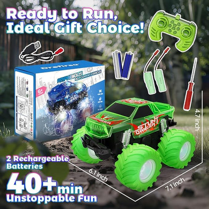Amphibious Monster Truck Toy Waterproof Remote Control Car 4WD Off-Road RC Truck with Colorful Light RC Stunt Car Toy for 4-7 8-12 Year Boy Birthday Gift Present
