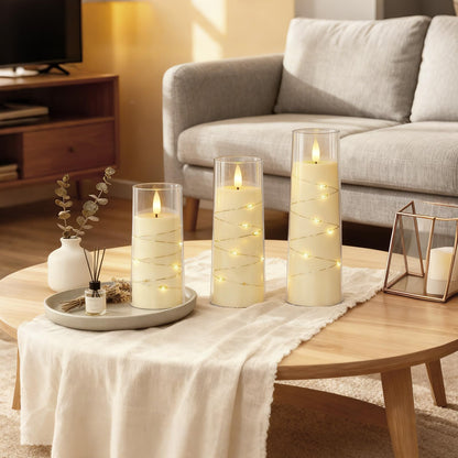 Raycare Flameless Candle with Remote Timer 7 Flickering Acrylic Battery Operated LED Pillar Candles with Embedded Star String for Christmas, Wedding, Home Table Decor, and as a Gift (Ivory White)