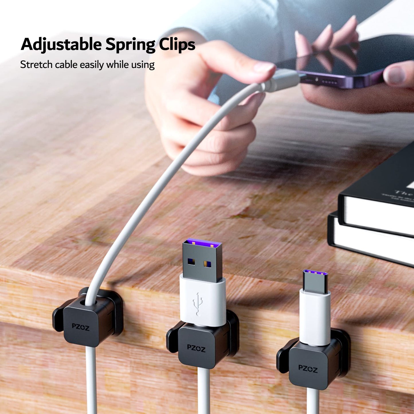 PZOZ 6 Pack Cord Organizer, Adhesive Charger Cable Clips, Wire Holder Keeper Organizer, Charging USB Cable Management for Home Office Desk Phone Car Wall Desktop Nightstand (Black)