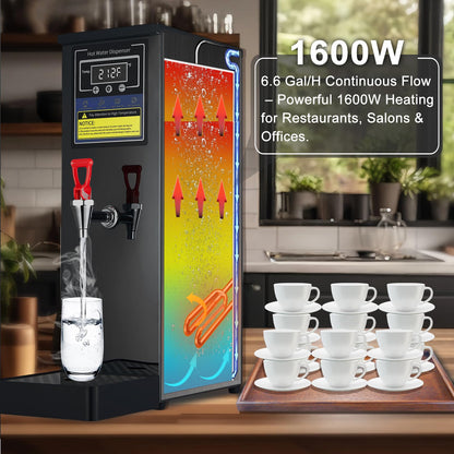 Commercial Hot Water Dispenser Commercial Water Boiler Electric Countertop Hot Water Machine Black 25L(6.6GAL)/Hour Step-heating 86-212°F Adjustable for Boba Tea Coffee Office Restaurant 1600W