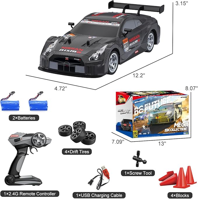 Dollox RC Drift Car 1/16 Scale Remote Control Car 2.4GHz 4WD 30+KM/H High Speed Vehicle with LED Lights Extra Drifting Tires Racing Black Vehicle Toys Birthday Gifts (191AB)