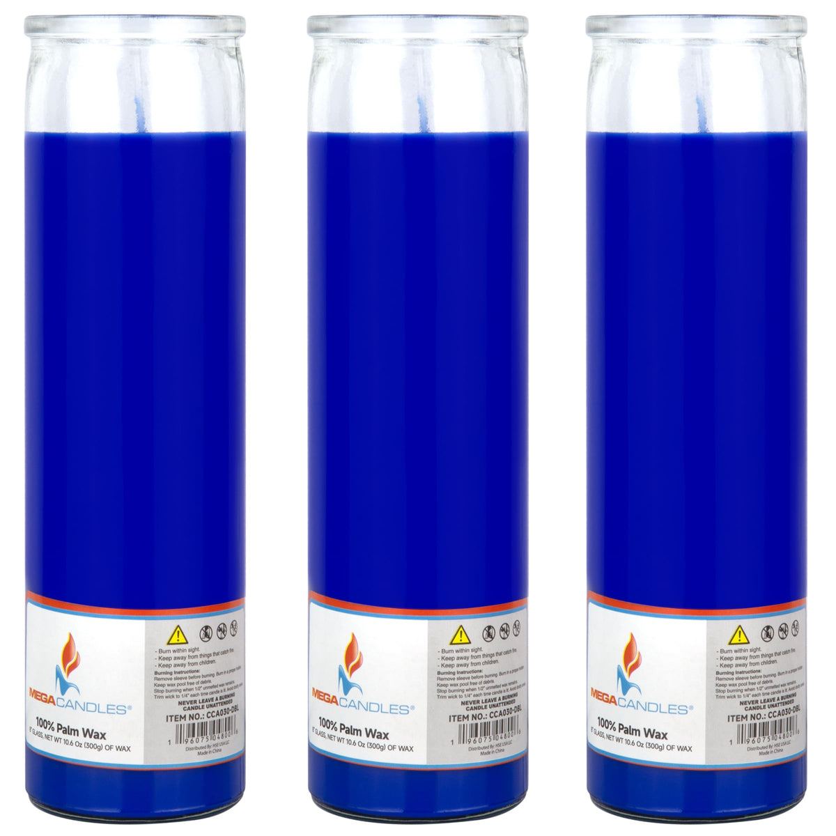 Mega Candles 3 pcs Unscented Blue Glass Container Devotional Prayer Candles, Shortening Wax Candle 2 Inch x 8 Inch, Sanctuary, Vigils, Prayers, Spiritual, Blessings, Religious, Altar, Remembrance
