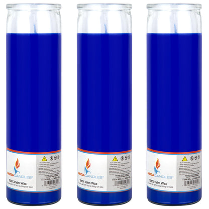 Mega Candles 3 pcs Unscented Blue Glass Container Devotional Prayer Candles, Shortening Wax Candle 2 Inch x 8 Inch, Sanctuary, Vigils, Prayers, Spiritual, Blessings, Religious, Altar, Remembrance