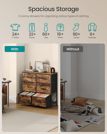 SONGMICS Dresser - 6 Non-Woven Fabric Drawers Storage Organizer Unit | Rustic Brown & Ink Black