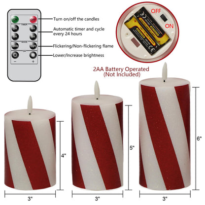 Eldnacele Christmas Candy Cane Stripe Flameless Candles with Remote and Timer, Battery Operated 3D Wick Flickering Real Wax Stripe Glitter Pillar LED Candles Holiday Xmas Decor (3Pcs, D3×H4/5"/6")