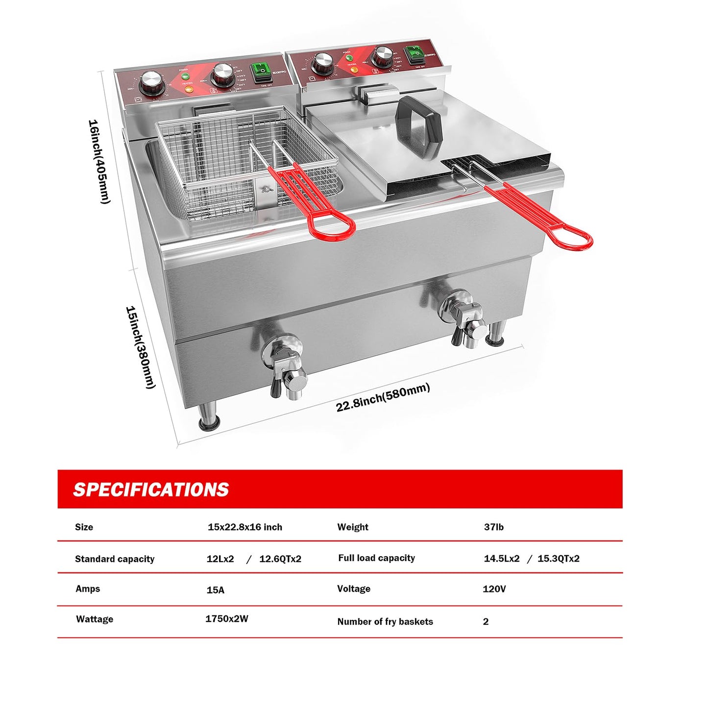 EGGKITPO Commercial Fryer Stainless Steel Electric Deep Fryer with Oil Filtration and Timer 24L Large Capacity Dual Tank Fryer with Baskets and Lids Countertop Deep Fryer for Restaurant Use 120V 3500W