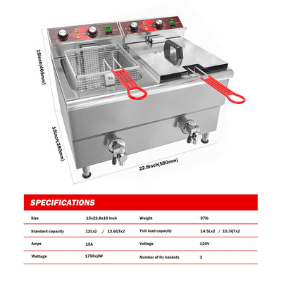 EGGKITPO Commercial Fryer Stainless Steel Electric Deep Fryer with Oil Filtration and Timer 24L Large Capacity Dual Tank Fryer with Baskets and Lids Countertop Deep Fryer for Restaurant Use 120V 3500W