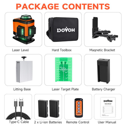 DOVOH 4x360° Laser Level 360 Self Leveling, 16 Line Laser Leveler for Construction Floor Tiling and Ceiling Rechargeable Green Beam 4D Plane Magnetic Bracket Included, K4-360G