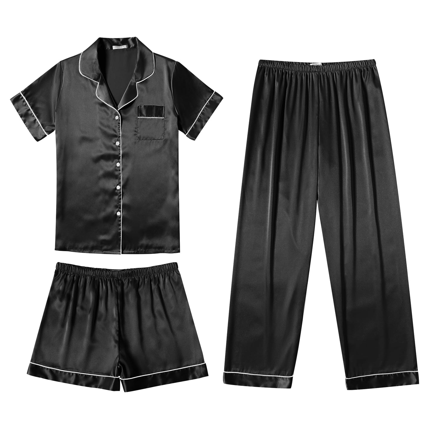 Ekouaer Silk Pajamas for Women Set Satin Pjs Soft Short Sleeve Button Down Sleepwear 3 Piece Loungewear S-XXL