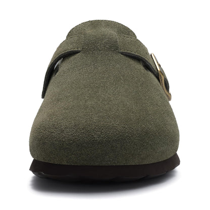 KIDMI Women's Genuine Suede Clogs Cork Footbed Sandals Leather Mules Potato Shoes with Arch Support Army Green 36 (Size 5.5-6)