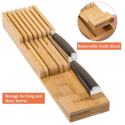 TIOPGHAD Bamboo-Silverware-Drawer-Organizer-Kitchen, Expandable Utensil Holder Cutlery Tray Flatware Organization Adjustable Wood Tableware Dividers Storage (with Removable Knife Block)(Natural)