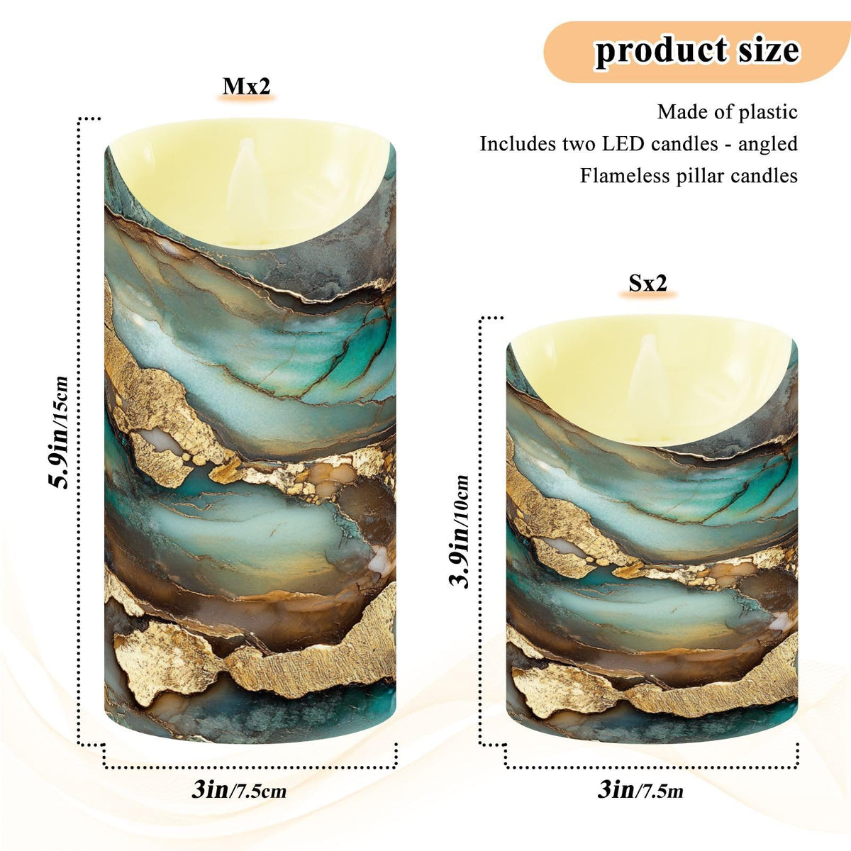 famyily Christmas Tabletop LED Candles Set of 2 Long Lasting Battery Operated Candles for Wedding Table Centerpieces 3.9x3in - Marble Brown Turquoise