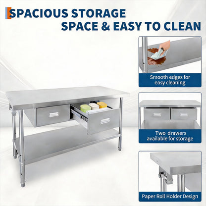 Stainless Steel Table with 2 Drawers, 48" x 24" Prep Table for Commercial Kitchen, Heavy-Duty NSF Work Tables Workbench with Adjustable Undershelf for Home Kitchen Restaurant Garage Warehouse