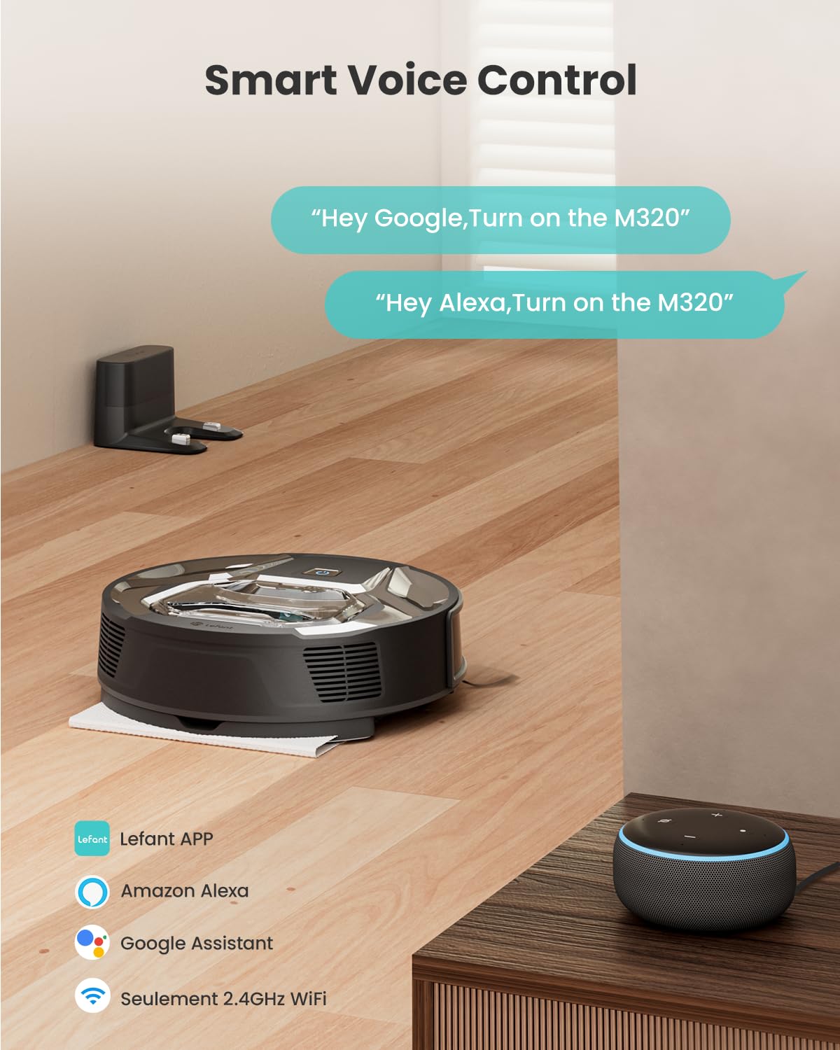 Lefant M320 Robot Vacuum Cleaner, Carpet Detection, 6,000 Pa Suction, Low Noise, 800ml Visible Dustbin, 210 Mins Runtime, Self-Charging, Works with Alexa, Ideal for Hard Floor, Pet Hair, Black