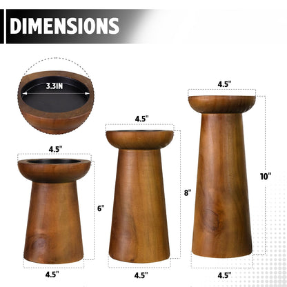 Pillar Candle Holders Set of 3， Wooden Candle Holders， Decorative Wood Candlestick Holders for Living Room, Table Centerpiece for Wedding, Christmas, Party, Home - 6", 8", 10"
