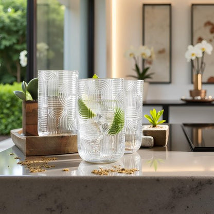Glaver's Drinking Glasses, Highball Glasses, 17 Ounce Thick Embossed Designed, Set of 4 Clear Kitchen Glassware For Everyday Elegant Serving Coolers, Urban Pattern Modern Drinking Glasses