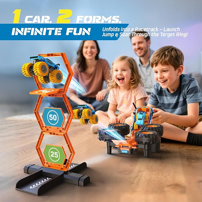 2-in-1 Remote Control Car with Transform Launcher Track – 1:16 RC Monster Truck Toys 2.4GHz Self-Standing 360° Flips Towing Mini Cars &amp Electric Scoring Gate Truck Gift for Kids Boys Girls Age 4-