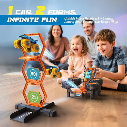 2-in-1 Remote Control Car with Transform Launcher Track – 1:16 RC Monster Truck Toys 2.4GHz Self-Standing 360° Flips Towing Mini Cars &amp Electric Scoring Gate Truck Gift for Kids Boys Girls Age 4-