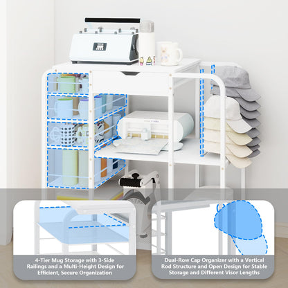 PUNCIA All-In-One Movable Tumbler and Cap Press Stand, Space Saving 3-Tier Heat Transfer Organizer Workstation with Cup Holder and Hat Storage Ideal for Craft Room Studios Home Craftsman DIY Makers