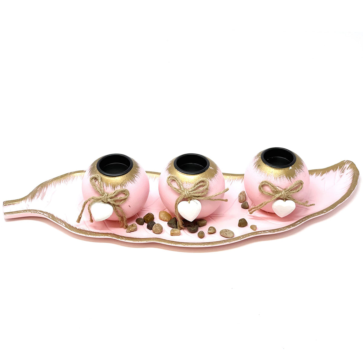 allgala Wooden Candle Holder Tray 3 Ball Orbs Set Tealight Candle Holder Centerpiece with Pebbles on Leaf Tray for Coffee Table Dining Table Accents Bowl for Living Room Décor-Pink-HD90407