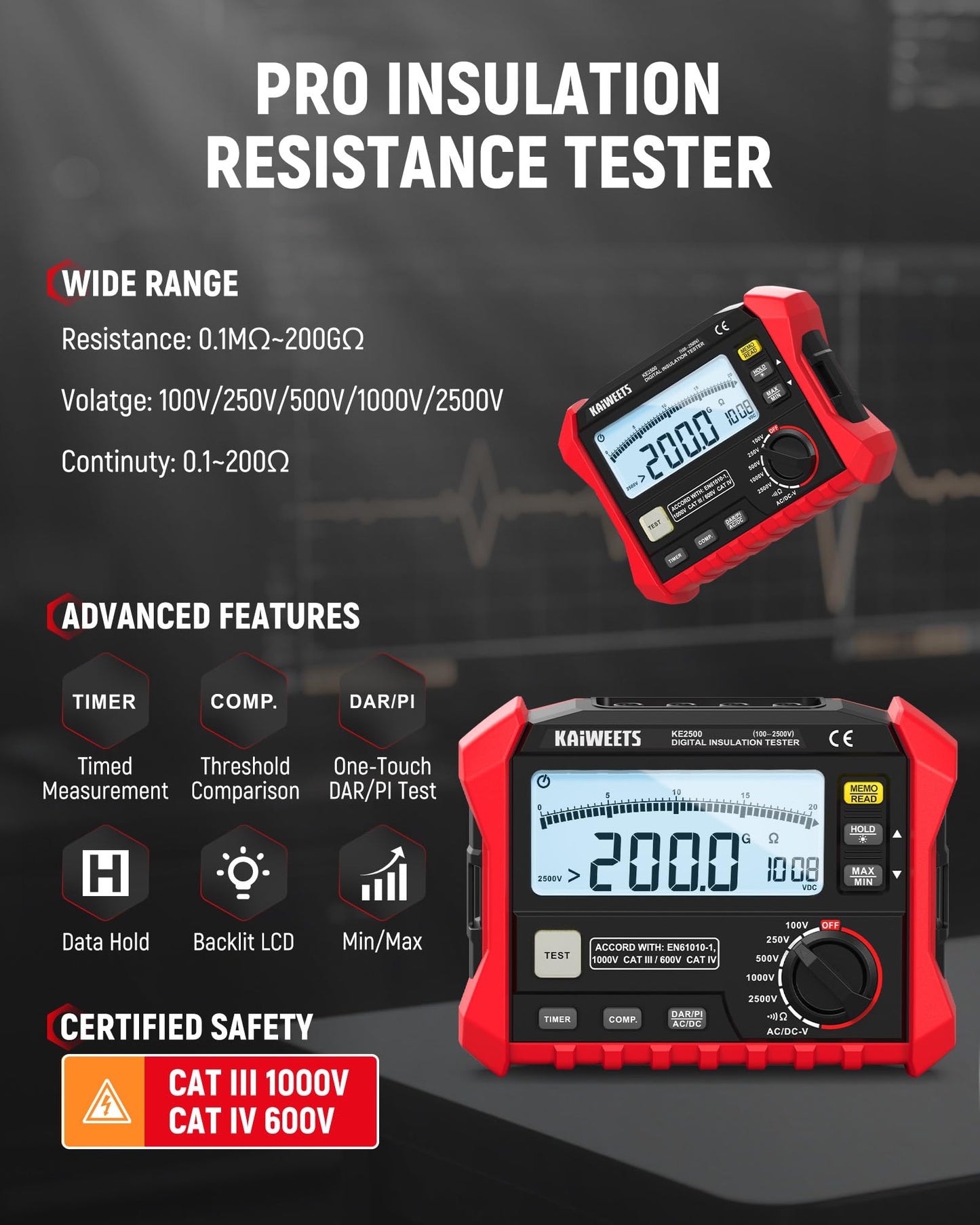 KAIWEETS Insulation Resistance Tester, Up to 200GΩ, Pro Megohmmeter, 5 Range 100V/250V/500V/1000V/2500V, One-Toch DAR/PI, Max/Min, Measures Resistance, AC/DC Voltage for HVAC, Motors, Solar, KE2500