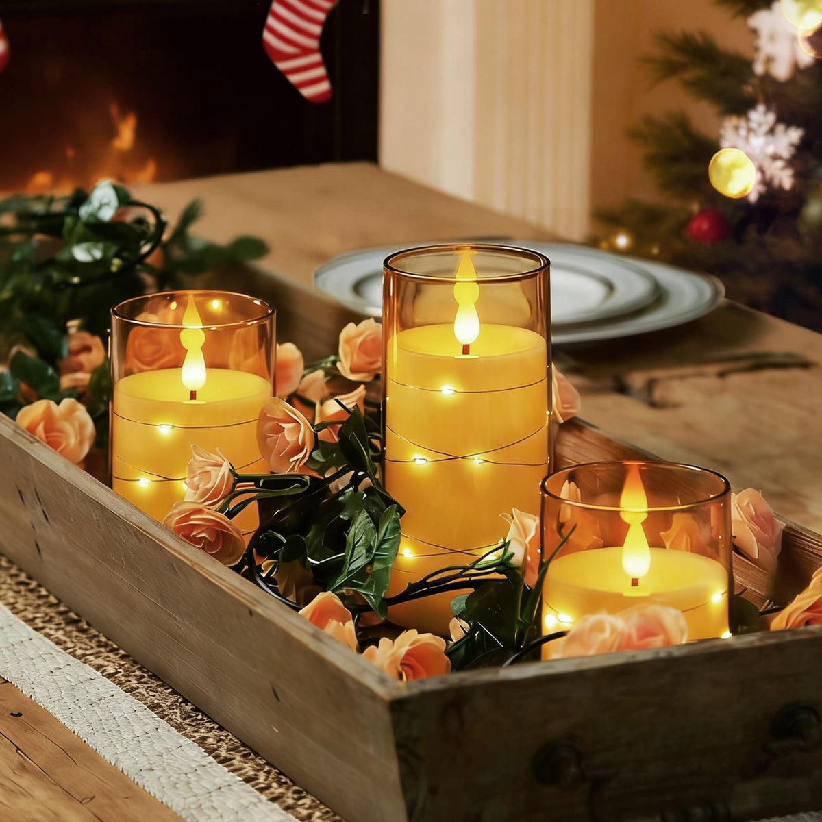 Homemory Flameless Candles with Embedded Star String Fairy Lights, Battery Operated Candles, LED Candle, Fake Candles with Remote Control and Timer, Gold, Set of 3(H 4" 5" 6”)