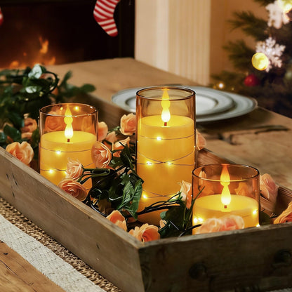 Homemory Flameless Candles with Embedded Star String Fairy Lights, Battery Operated Candles, LED Candle, Fake Candles with Remote Control and Timer, Gold, Set of 3(H 4" 5" 6”)