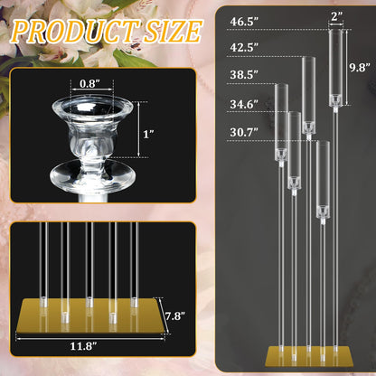 4 Set Floor Candelabra 5 Arm 46.5'' Tall Acrylic Candle Holders Tables Candelabra Centerpieces Wedding Candlestick Set with Clear Lampshade Gold Metal Base for Ceremony Party Home Decoration
